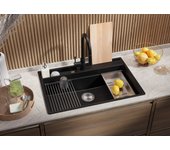 Primagran fregadero cocina negro 78x53cm, fregadero granito 1 seno + sifón + accesorios, fregadero sobre encimera al mueble 80cm - oslo pocket