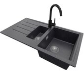 Primagran fregadero granito grafito 90x50cm, fregadero cocina 1,5 senos + sifón + accesorios, fregadero sobre encimera al mueble 60cm
