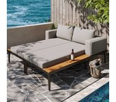 Tumbona doble de ratán, cama de día exterior con estante lateral, tumbona ajustable para 2 personas, sofá de relajación plegable para jardín con cojín