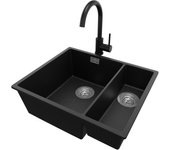 Primagran fregadero bajo encimera negro metallic 56x47cm, fregadero granito 1,5 senos + sifón + accesorios, fregadero cocina al mueble 60cm