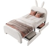Cama infantil individual 90 x 200 cm, 2 cajones, en forma de conejo de dibujos animados, blanco, sin colchón