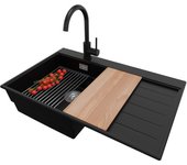 Primagran fregadero granito negro 78x50cm, fregadero cocina 1 seno + sifón + accesorios, fregadero sobre encimera al mueble 45cm - sydney