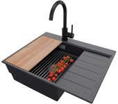 Primagran fregadero granito grafito 62x50cm, fregadero cocina 1 seno + sifón + accesorios, fregadero sobre encimera al mueble 45cm - sydney