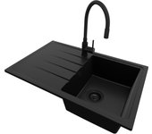 Primagran fregadero granito todo negro 78x50cm, fregadero cocina 1 seno + grifo 40x13cm + sifón, fregadero sobre encimera al mueble 45cm - milano