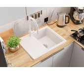 Primagran fregadero cocina blanco 62x50cm, fregadero granito 1 seno + sifón, fregadero sobre encimera al mueble 40cm - milano