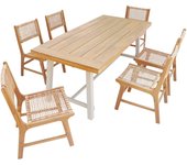 Mesa interior/exterior de madera de acacia y metal con 6 sillas de resina trenzada, fortaleza + ocara, natural, 190x91.5x76 cm