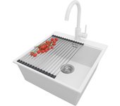 Primagran fregadero granito blanco 48x50cm, fregadero cocina 1 seno + sifón + accesorios, fregadero sobre encimera al mueble 50cm - oslo