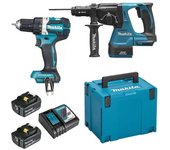 Juego de 2 máquinas 18 v li-ion 5 ah makita taladro ddf484 + dhr243 - 2 baterías, cargador, estuche - dlx2191tj