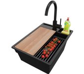 Primagran fregadero granito negro metallic 38x53cm, fregadero cocina 1 seno + sifón + accesorios, fregadero sobre encimera al mueble 40cm