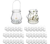 Relaxdays set de 72 portavelas cristal, asa para colgar, interior y exterior, porta velas de té, 10x8,5cm, transparentes