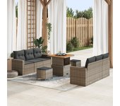 Conjunto de sofá de jardín de 9 piezas con cojines en gris de poliratán y acacia, conjunto de comedor de jardín de 3 piezas con cojines en gris de pol