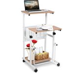 Mesa para ordenador con 4 ruedas y estante, de pie ajustable en altura, estación de trabajo para hogar, estudio, oficina, 98x53x55cm, blanco, roble