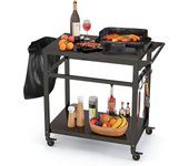 Carro de barbacoa con 2 ruedas, postre exterior para barbacoa, plancha con bandeja plegable, 4 ganchos metálicos, mango lateral, negro