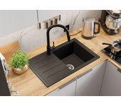 Primagran fregadero cocina negro metallic 70x44cm, fregadero granito 1 seno + sifón, fregadero sobre encimera al mueble 45cm - copenhague easy