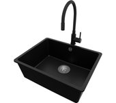 Primagran fregadero granito negro 56x44cm, fregadero cocina 1 seno + sifón + accesorios, fregadero sobre encimera al mueble 60cm - venecia slim easy