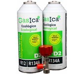 Pack ahorro (2x226gr) botellas gas refrigerante gasica d2 sustituto de r12, r134a con llave recarga gas