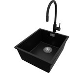 Primagran fregadero bajo encimera negro 41x47cm, fregadero granito 1 seno + grifo 40x13cm + sifón, fregadero cocina al mueble 45cm - london
