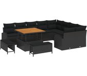 Conjunto de sofá de jardín de 12 piezas con cojines ratán polirrizado negro acacia, conjunto de comedor de jardín de 3 piezas con cojines ratán polirr