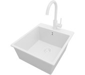 Primagran fregadero granito todo blanco 43x50cm, fregadero cocina 1 seno + grifo 32x20cm + sifón, fregadero sobre encimera al mueble 45cm - riga