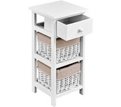 Mesa de noche con cajón y 2 cestas trenzadas, mueble auxiliar de madera maciza, mesita de noche, estable y estrecha, montaje fácil (blanco)