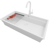 Primagran fregadero granito todo blanco 86x47cm, fregadero cocina 1 seno + sifón + accesorios, fregadero sobre encimera al mueble 90cm - prague slim