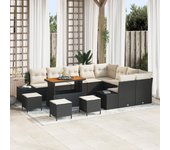 Conjunto de sofás de jardín de 13 piezas con cojines negro poliratán acacia, conjunto de comedor de jardín de 4 piezas con cojines negro poliratán aca