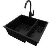 Primagran fregadero bajo encimera todo negro 56x47cm, fregadero granito 1,5 senos + sifón + accesorios, fregadero cocina al mueble 60cm - london duo