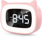 Reloj despertador digital para niños, reloj despertador para niños, lindo reloj despertador con forma de gato, lámpara noche, reloj despertador-rosa