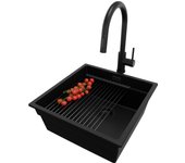 Primagran fregadero bajo encimera todo negro 46x47cm, fregadero granito 1 seno + sifón + accesorios, fregadero cocina al mueble 50cm - prague