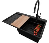 Primagran fregadero granito todo negro 78x50cm, fregadero cocina 1 seno + sifón + accesorios, fregadero sobre encimera al mueble 45cm - sydney