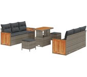 Conjunto de sofá de jardín de 9 piezas con cojines gris de ratán poliéster acacia, conjunto de comedor de jardín de 3 piezas con cojines gris de ratán