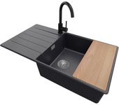 Primagran fregadero granito grafito 90x50cm, fregadero cocina 1 seno + sifón + accesorios, fregadero sobre encimera al mueble 60cm - copenhague