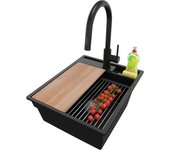 Primagran fregadero granito negro metallic 43x53cm, fregadero cocina 1 seno + sifón + accesorios, fregadero sobre encimera al mueble 45cm
