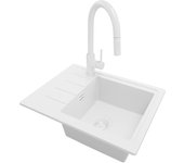 Primagran fregadero granito todo blanco 55x44cm, fregadero cocina 1 seno + sifón + accesorios, fregadero sobre encimera al mueble 45cm