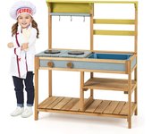 Cocina de juguete de madera para niños, cocina de barro al aire libre con fregadero desmontable y 3 ganchos, fogones y pomos simulados, juguete de