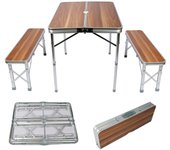 Mesa maleta camping picknick con 2 bancos 90x66x70cm plegable aluminio efecto madera portátil jardín