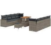 Conjunto de sofá de jardín de 11 piezas con cojines gris de ratán polimérico acacia, conjunto de comedor de jardín de 3 piezas con cojines gris de rat