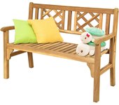 Banco para jardín, banco plegable exterior para 2 personas, con respaldo y reposabrazos ergonómicos, diseño de listones, madera maciza, 120 x 56 x 90