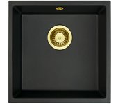 Fregadero granitemy universal granito negro 40x40 cm negro sobre encimera, bajo encimera y enrasado con tapón dorado 1208967113