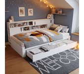 Cama individual 90x200 cm con 2 cajones y compartimentos de almacenaje, sofá cama - mdf - blanco (sin colchón)