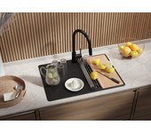 Primagran fregadero cocina negro metallic 70x50cm, fregadero granito 1 seno + sifón + accesorios, fregadero sobre encimera al mueble 40cm