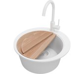 Primagran fregadero granito circular todo blanco 50x50cm, fregadero cocina 1 seno + sifón + accesorios, fregadero sobre encimera al mueble 45cm
