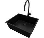 Primagran fregadero granito todo negro 56x47cm, fregadero cocina 1 seno + sifón + accesorios, fregadero sobre encimera al mueble 60cm - london slim