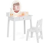 Tocador infantil, tocador con espejo iluminado, taburete, cajón y organizador de joyas, tocador 2 en 1 con iluminación led bicolor para niñas (blanco)