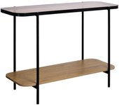 Consola vintage de metal negro con tapa de cristal y decoración de madera, 110cm, smooky, natural, 110x39x76 cm