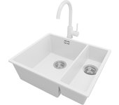 Primagran fregadero granito blanco 56x47cm, fregadero cocina 1,5 senos + sifón + accesorios, fregadero sobre encimera al mueble 60cm