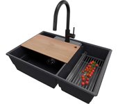 Primagran fregadero granito grafito 78x53cm, fregadero cocina 2 senos + sifón + accesorios, fregadero sobre encimera al mueble 80cm - paris