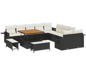 Conjunto de sofá de jardín de 13 piezas con cojines negro poliratán acacia, conjunto de comedor de jardín de 3 piezas con cojines negro poliratán acac