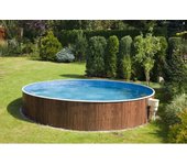 Piscina redonda azuro 3,6 mx 1,2 m, imitacion madera, liner, filtro, skimmer, escalera y orificios fuera del eje