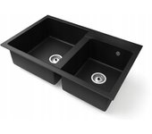 Fregadero cocina negro 80x50cm, fregadero granito 2 senos + sifón